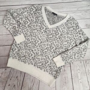 Matty M Gray and White Leopard V-Neck Sweater